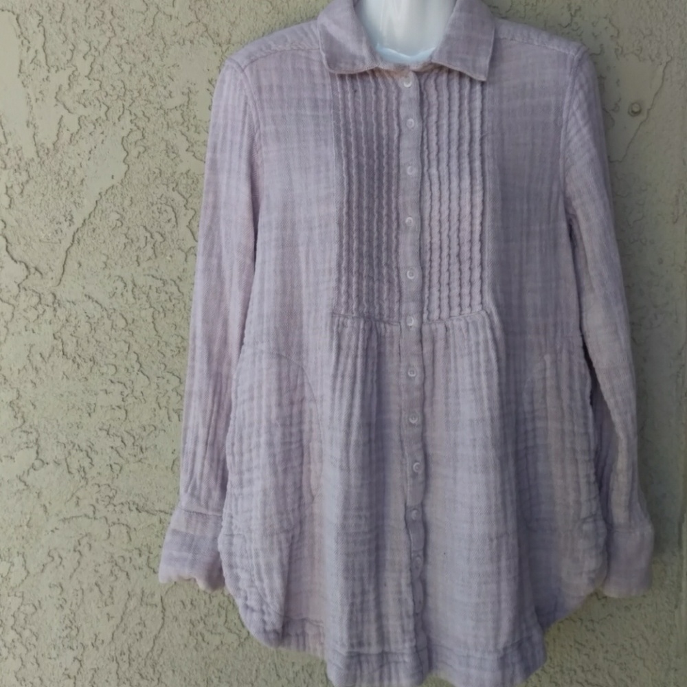 Free people beige collared button sleeve top